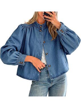 Women’s Blue Puff Sleeve Stand Collar Button Down Loose Fit Jean Jacket